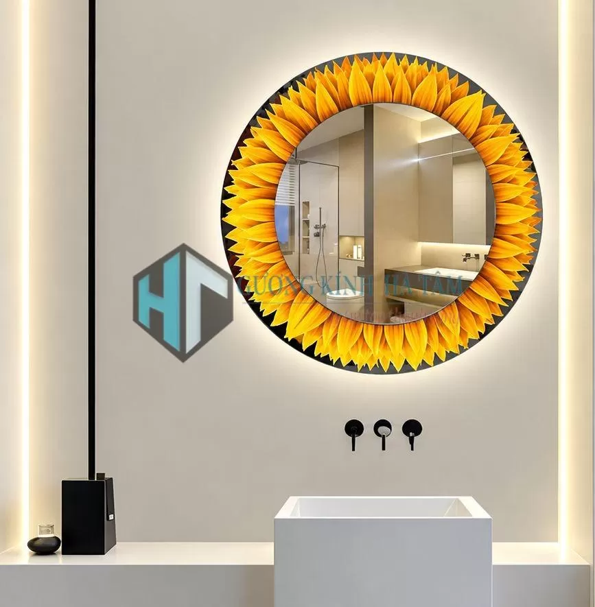 Gương đèn led in 3D hoa hướng dương, gương nhà tắm treo tường thông minh